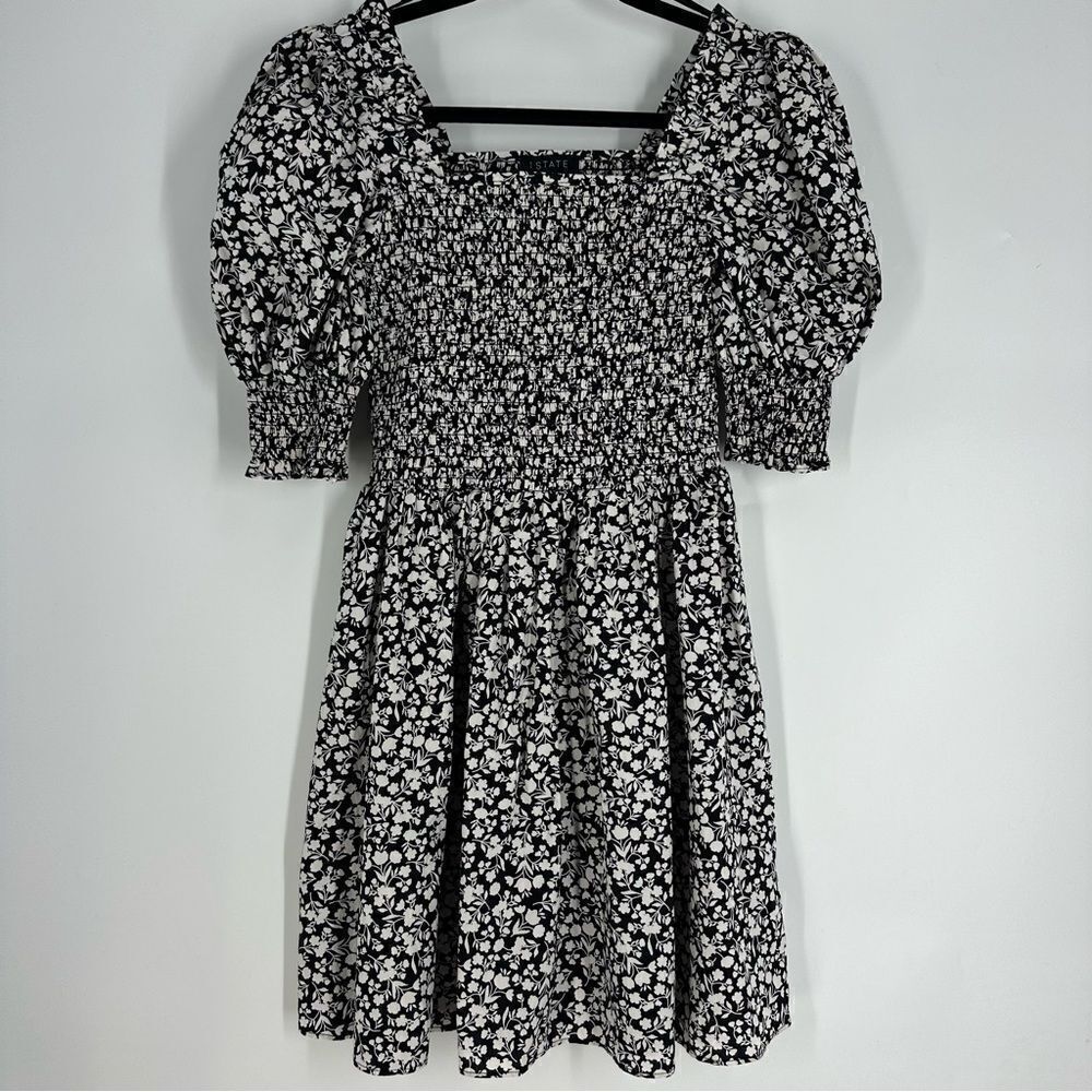1.STATE Women’s Black and White Floral Print Puff Sleeve Smocked Mini Dress Sz S